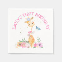 Cute Giraffe Fleurs roses Filles 1er anniversaire