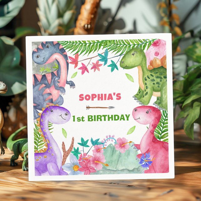 Serviette En Papier Cute Girl Dinosaur 1st Birthday Party (Créateur téléchargé)