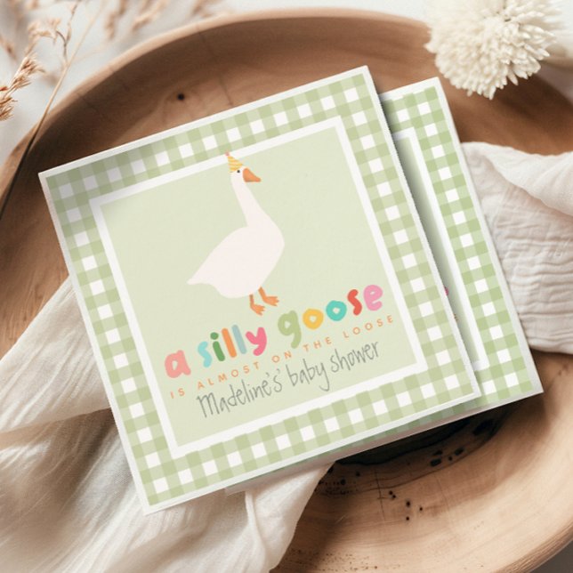 Serviette En Papier Cute Green Gingham Neutral Silly Goose Baby Shower (Créateur téléchargé)