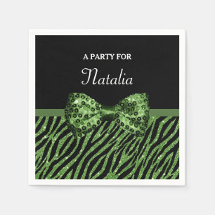 Serviette En Papier Cute Green Zebra Print FAUX Glitz Bow avec nom