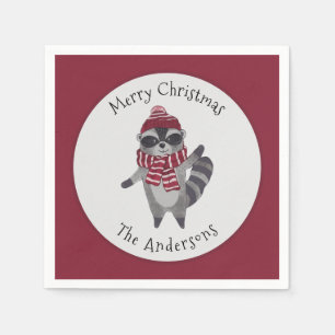 Serviette En Papier Cute gris et rouge Aquarelle Raccoon de Noël