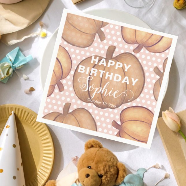 Serviette En Papier Cute Happy Birthday Pink & Orange Pumpkin Party  (Créateur téléchargé)