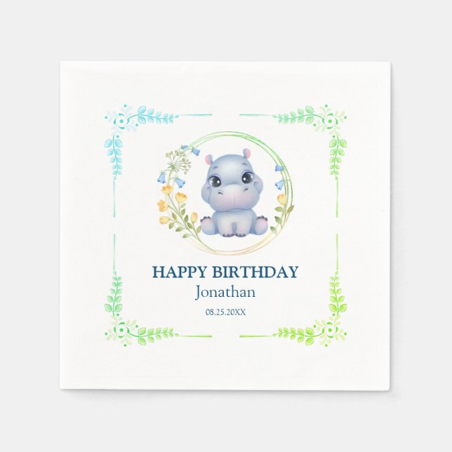 Serviette En Papier Cute Hippopotamus Fleur Wreath Joyeux Anniversaire (Devant)
