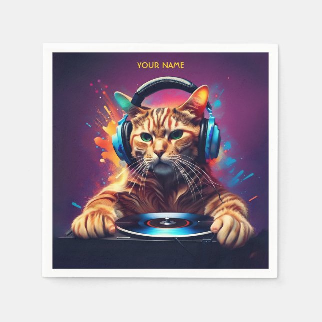 Serviette En Papier Cute Imaginaire Chat DJ Vinyl (Devant)