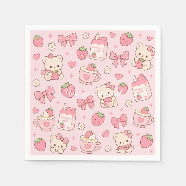 Serviette En Papier Cute Kawaii Teddy Bear Strawberry Pattern Sticker  (Devant)