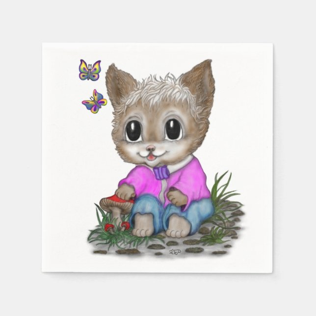 Serviette En Papier Cute Kitty Chat et Papillon (Devant)