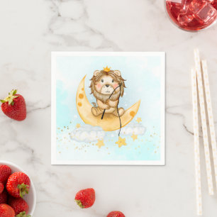 Serviette En Papier Cute Lion Pêche sur l'aquarelle de la lune