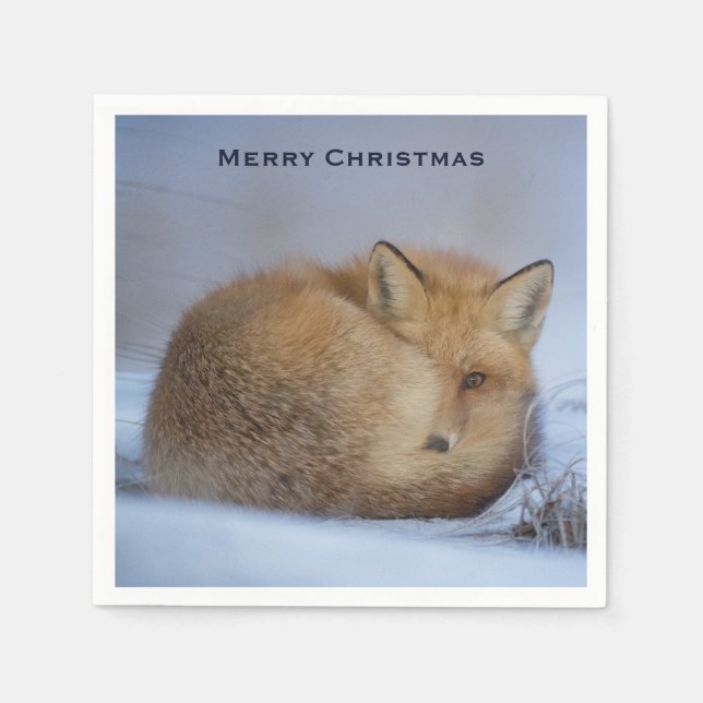 Serviette En Papier Cute Little Fox Curling Up Winter Photo Noël (Devant)