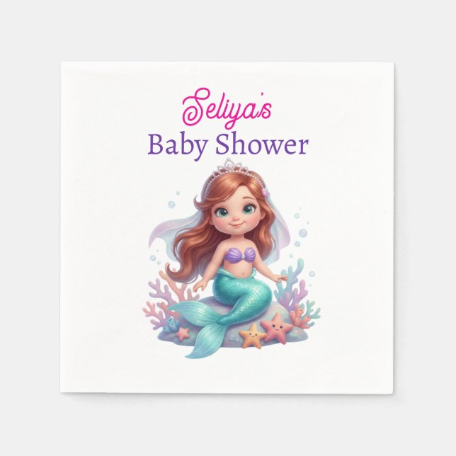 Serviette En Papier Cute Little Mermaid Baby Shower Water Bottle Label (Devant)