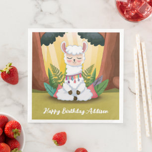 Serviette En Papier Cute Llama Meditating in Magical Forest Anniversai