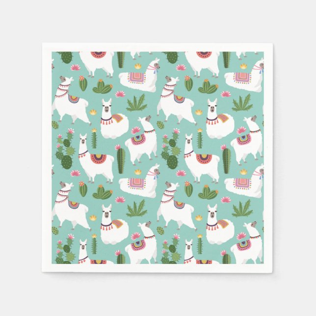 Serviette En Papier Cute Llamas Sur Motif Turquoise (Devant)