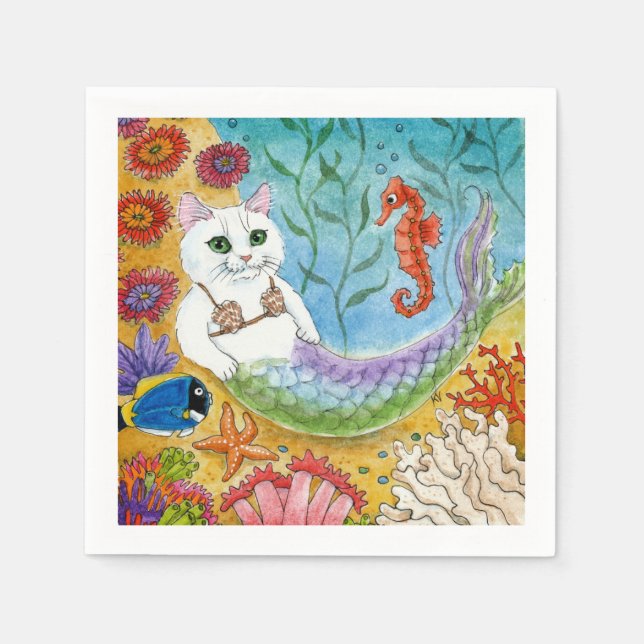 Serviette En Papier Cute mermaid white cat mercat party napkins (Devant)