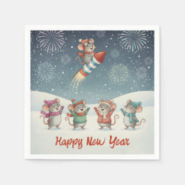 Serviette En Papier Cute Mice Happy New Year Fireworks