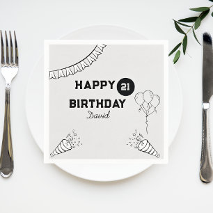 Serviette En Papier Cute moderne gris et noir Joyeux 21e anniversaire