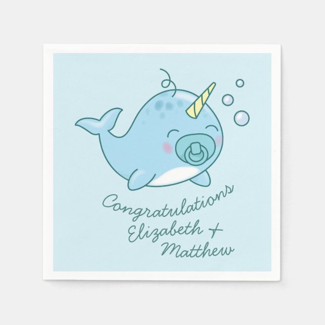 Serviette En Papier Cute Narwhal Baby shower Kawaii Blue Boy (Devant)