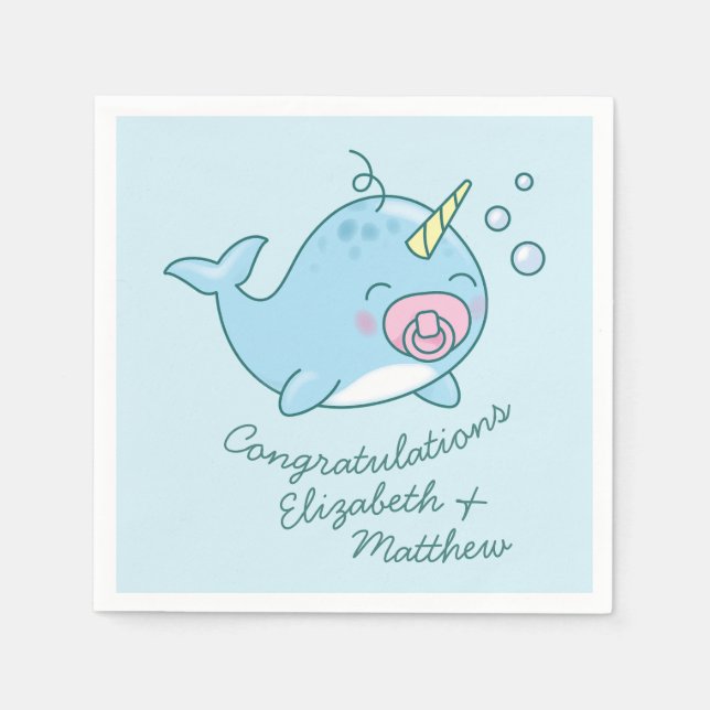 Serviette En Papier Cute Narwhal Baby shower Kawaii Rose Girl (Devant)
