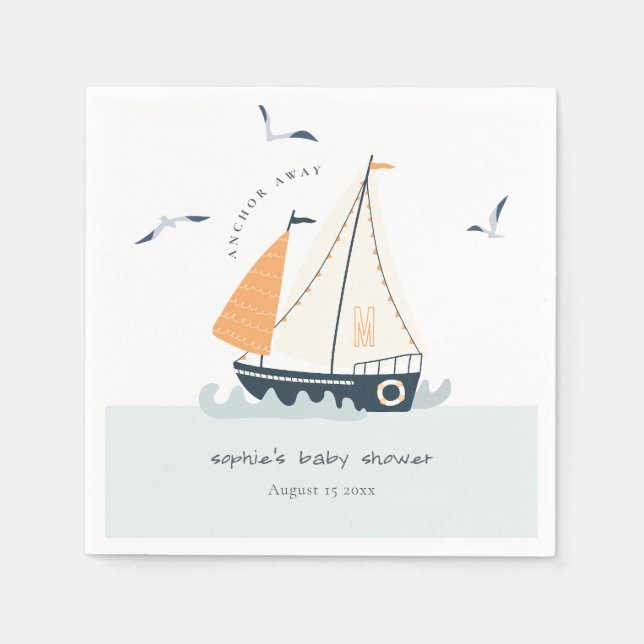Serviette En Papier Cute Nautical Blue Sailboat Baby shower Pastel (Devant)
