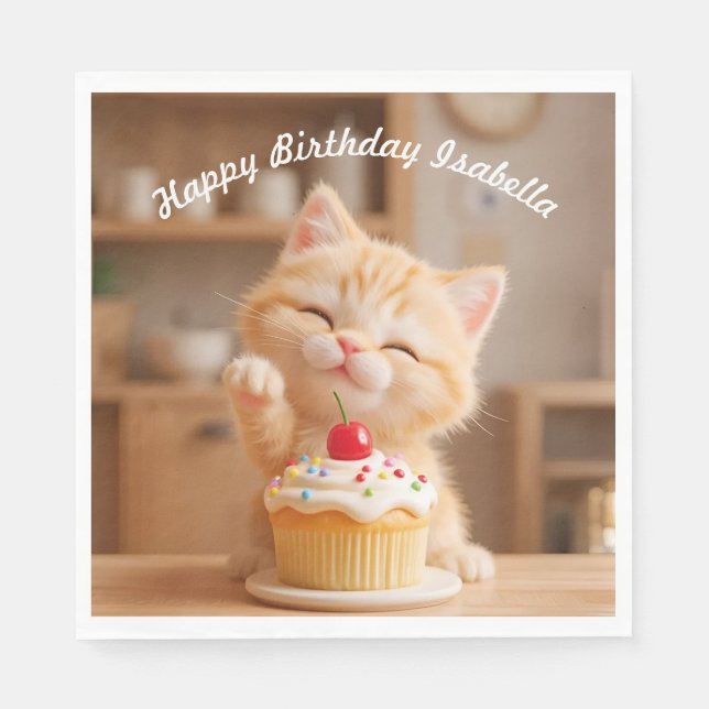 Serviette En Papier Cute Orange Kitten avec un Cupcake (Devant)