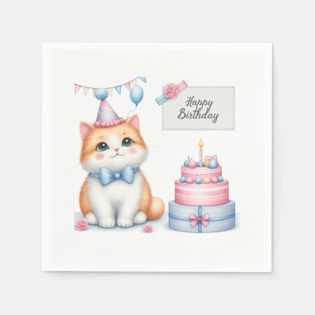 Serviette En Papier Cute Pastel Kitten Gâteau d'anniversaire - Anniver (Devant)