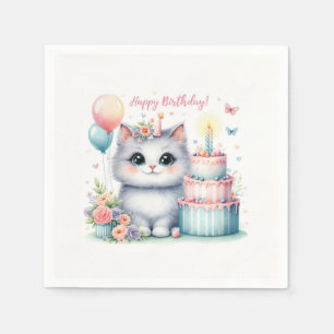 Serviette En Papier Cute Pastel Kitten Gâteau d'anniversaire - Anniver