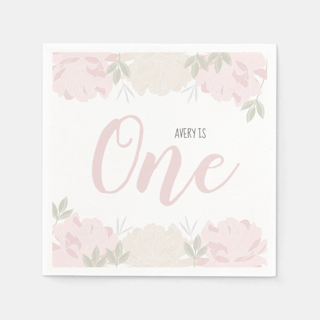 Serviette En Papier Cute Pastel Pink Peonies 1er anniversaire de bébé (Devant)