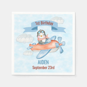 Serviette En Papier Cute Penguin Avion Bleu 1er anniversaire
