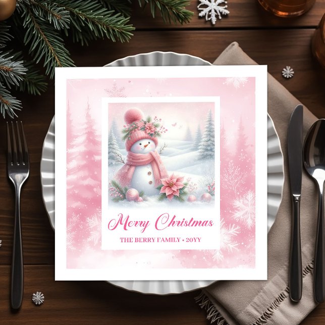 Serviette En Papier Cute Pink Snowman Winter Scene Christmas Napkins  (Cute Pink Snowman Winter Scene Christmas Napkins for Kids)