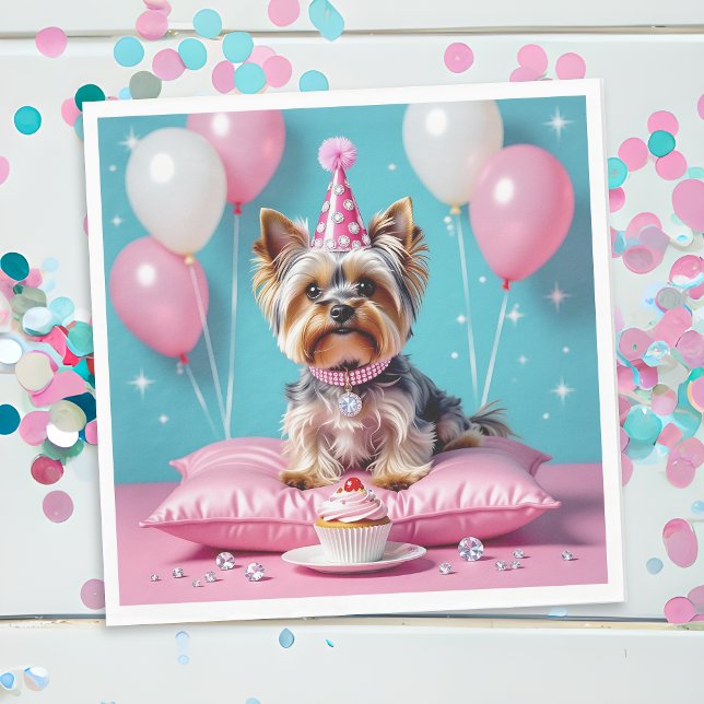Serviette En Papier Cute Pink Yorkie Birthday (Créateur téléchargé)