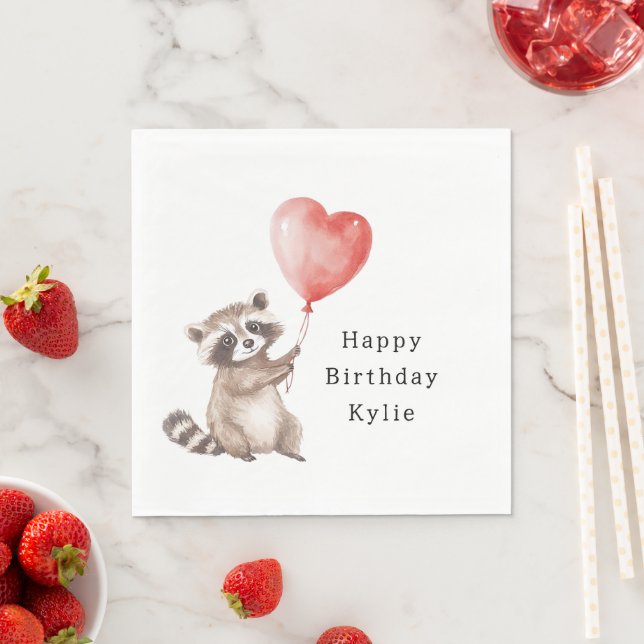 Serviette En Papier Cute Raccoon Animal Heart Balloon Anniversaire (En situation)
