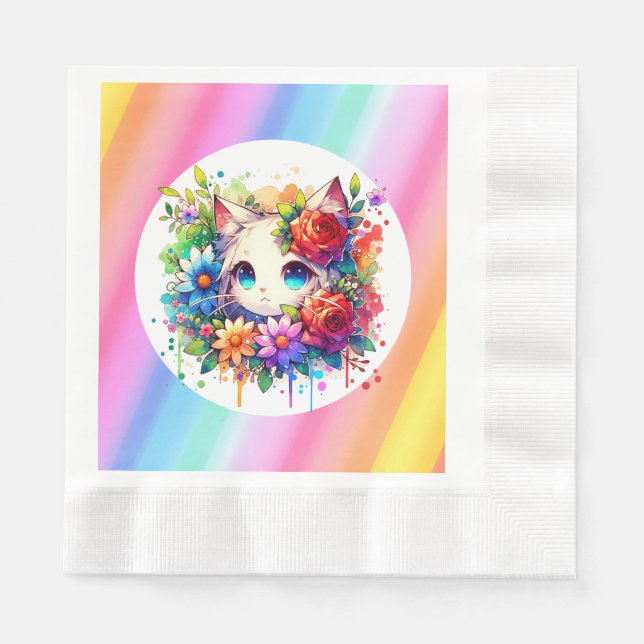 Serviette En Papier Cute Rainbow Anime Chat Anniversaire Gâteau (Devant)