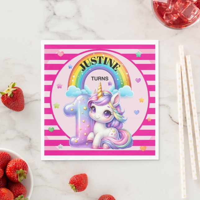 Serviette En Papier Cute Rainbow et Unicorn 1er anniversaire (En situation)