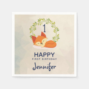 Serviette En Papier Cute Renard Orange avec Verte Feuille Wreath Anniv