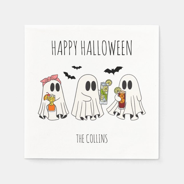 Serviette En Papier Cute Retro Ghost et Cocktails Halloween heureux (Devant)
