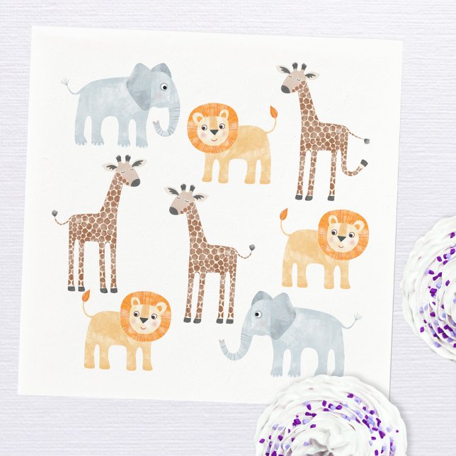 Serviette En Papier Cute Safari Animaux Motif d'aquarelle (Cute watercolor safari animal pattern paper party napkins)