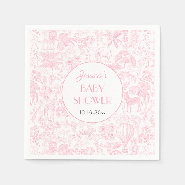 Serviette En Papier Cute Safari Toile de Jouy Baby shower rose (Devant)