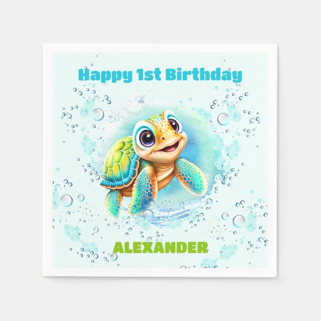 Serviette En Papier Cute Sea Turtle Boy 1er Anniversaire serviettes (Devant)