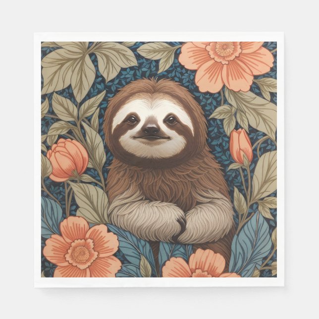 Serviette En Papier Cute Sloth Elegant Floral William Morris Inspired (Devant)