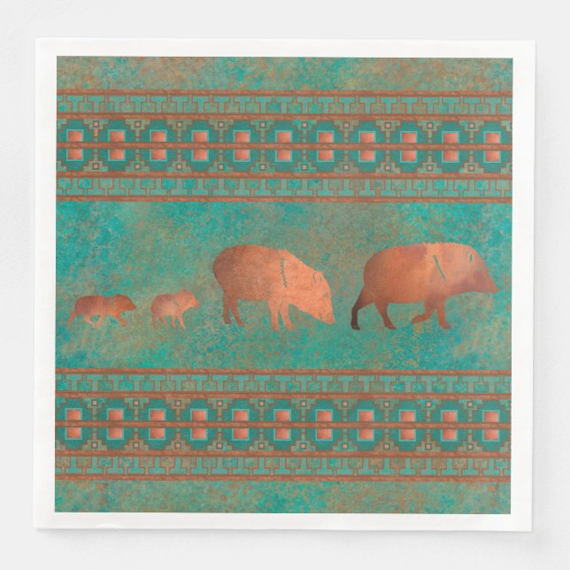 Serviette En Papier Cute sud-ouest Javelina Famille Cuivre Turquoise (Devant)