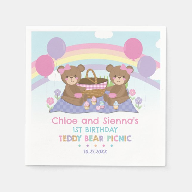 Serviette En Papier Cute Teddy Bear Pique-nique Rainbow Twins Fille An (Devant)