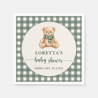 Serviette En Papier Cute Teddy Bear Rustic Green Plaid Baby Shower