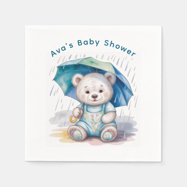 Serviette En Papier Cute Teddy Bear With Umbrella Boy Baby Shower (Devant)