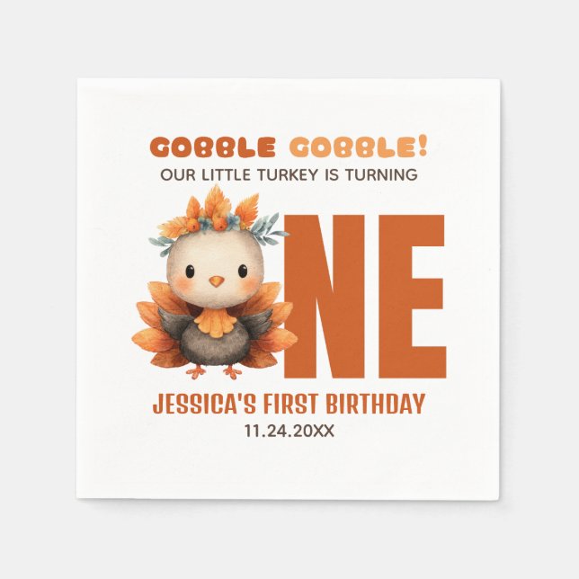 Serviette En Papier Cute Turkey Gobble Thanksgiving 1st Birthday (Devant)