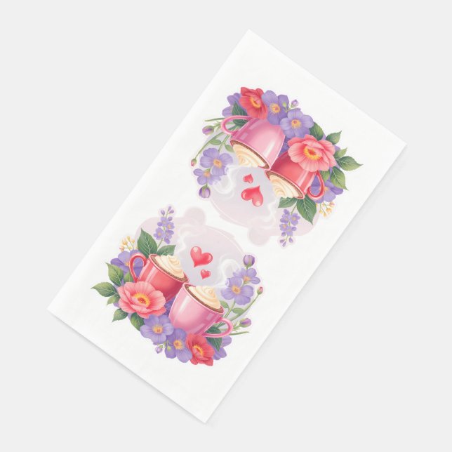 Serviette En Papier Cute Valentine Cocoa Mugs with Flowers & Hearts (Coin)