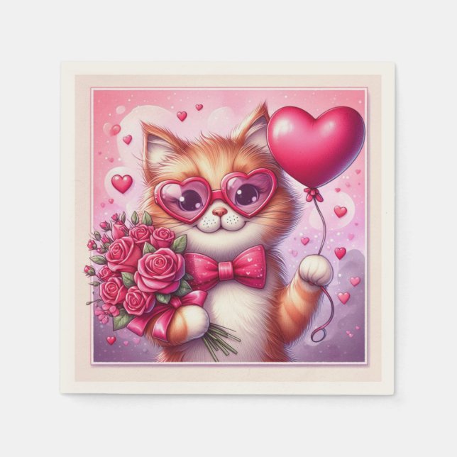 Serviette En Papier Cute Valentine's day cat/chaton (Devant)