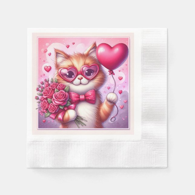Serviette En Papier Cute Valentine's day cat/chaton (Devant)