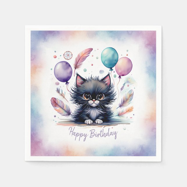 Serviette En Papier Cute Watercolor Black Kitten Balloons Birthday  (Devant)