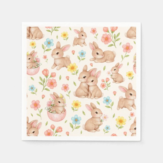 Serviette En Papier Cute Watercolor Bunnies & Flowers Pattern (Devant)