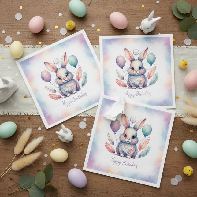 Serviette En Papier Cute Watercolor Bunny Rabbit Balloons Birthday  (Cute Watercolor Bunny Rabbit Balloons Birthday Napkins)