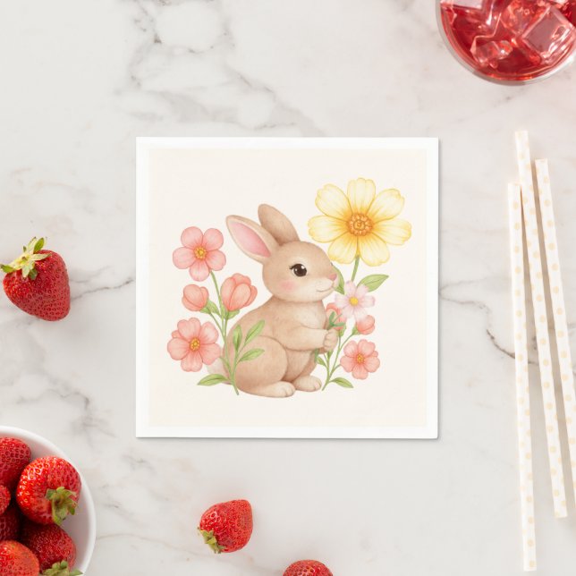 Serviette En Papier Cute Watercolor Bunny Rabbit Floral  (En situation)