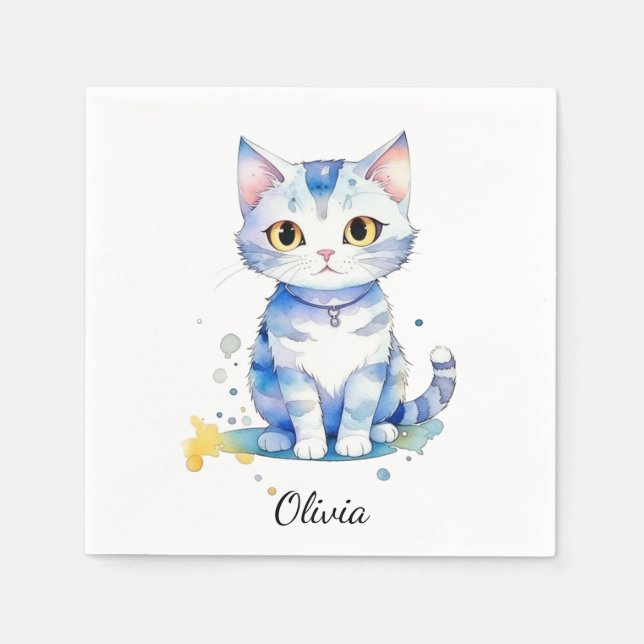 Serviette En Papier Cute watercolor cat (chaton) design (Devant)